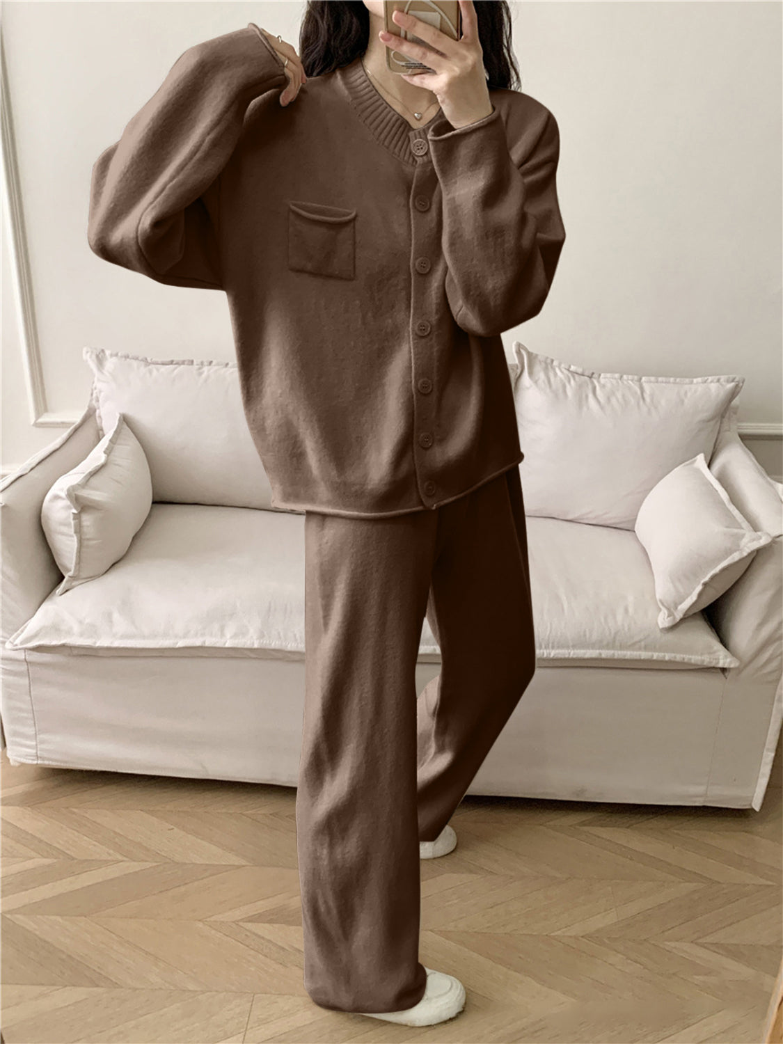 Pocketed Round Neck Button Up Cardigan and Pants Sweater Set - felvior