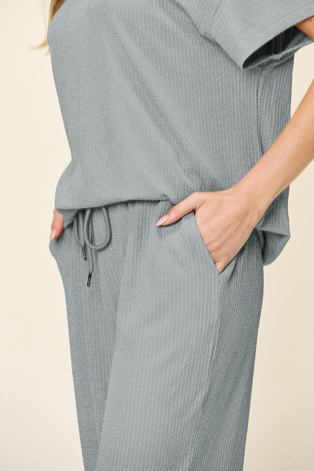 Double Take Full Size Texture Round Neck Short Sleeve T-Shirt and Wide Leg Pants - felvior