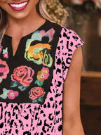 Full Size Leopard Floral Notched Cap Sleeve Blouse Plus Size