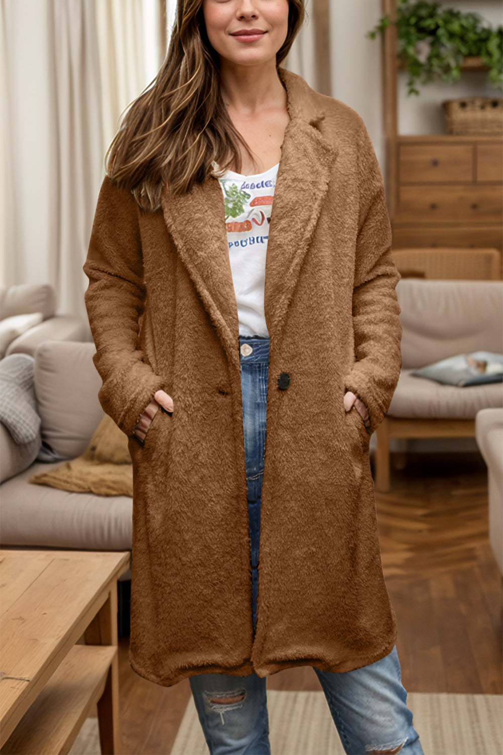 Full Size One Button Long Sleeve Longline Plush Coat - felvior