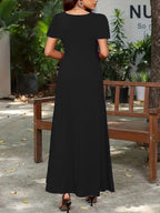 Full Size Round Neck Short Sleeve A-Line Maxi Dress Plus Size