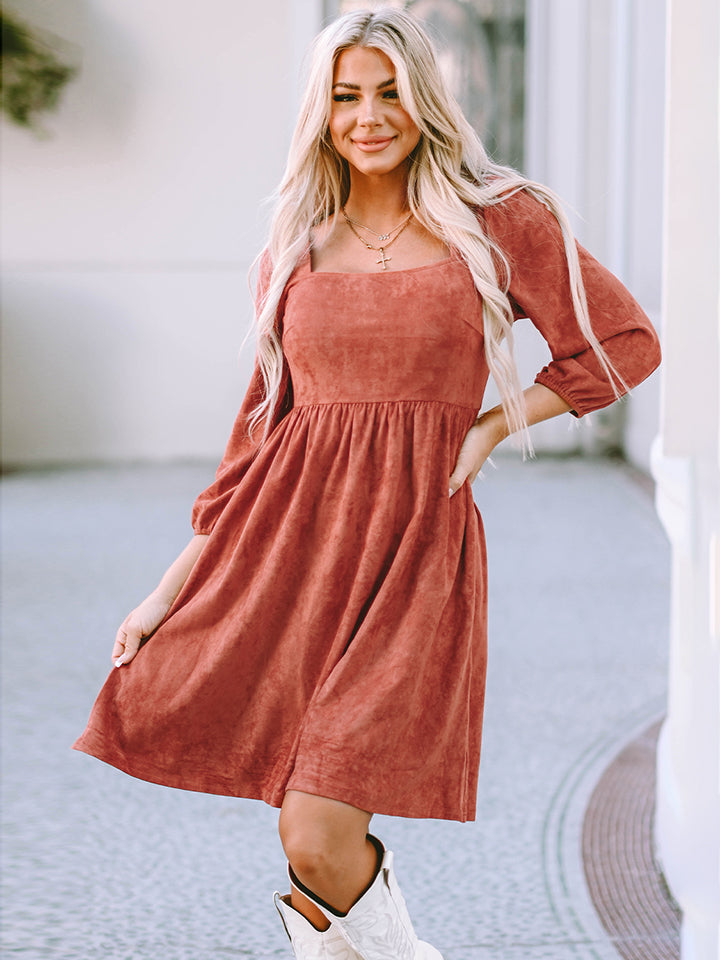 Square Neck Three-Quarter Sleeve Mini Dress - felvior