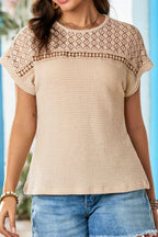 Lace Patchwork Waffle Short Sleeve Knit Top