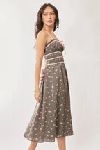 Davi & Dani Contrast Velvet Tape Smocking Bodice Midi Dress