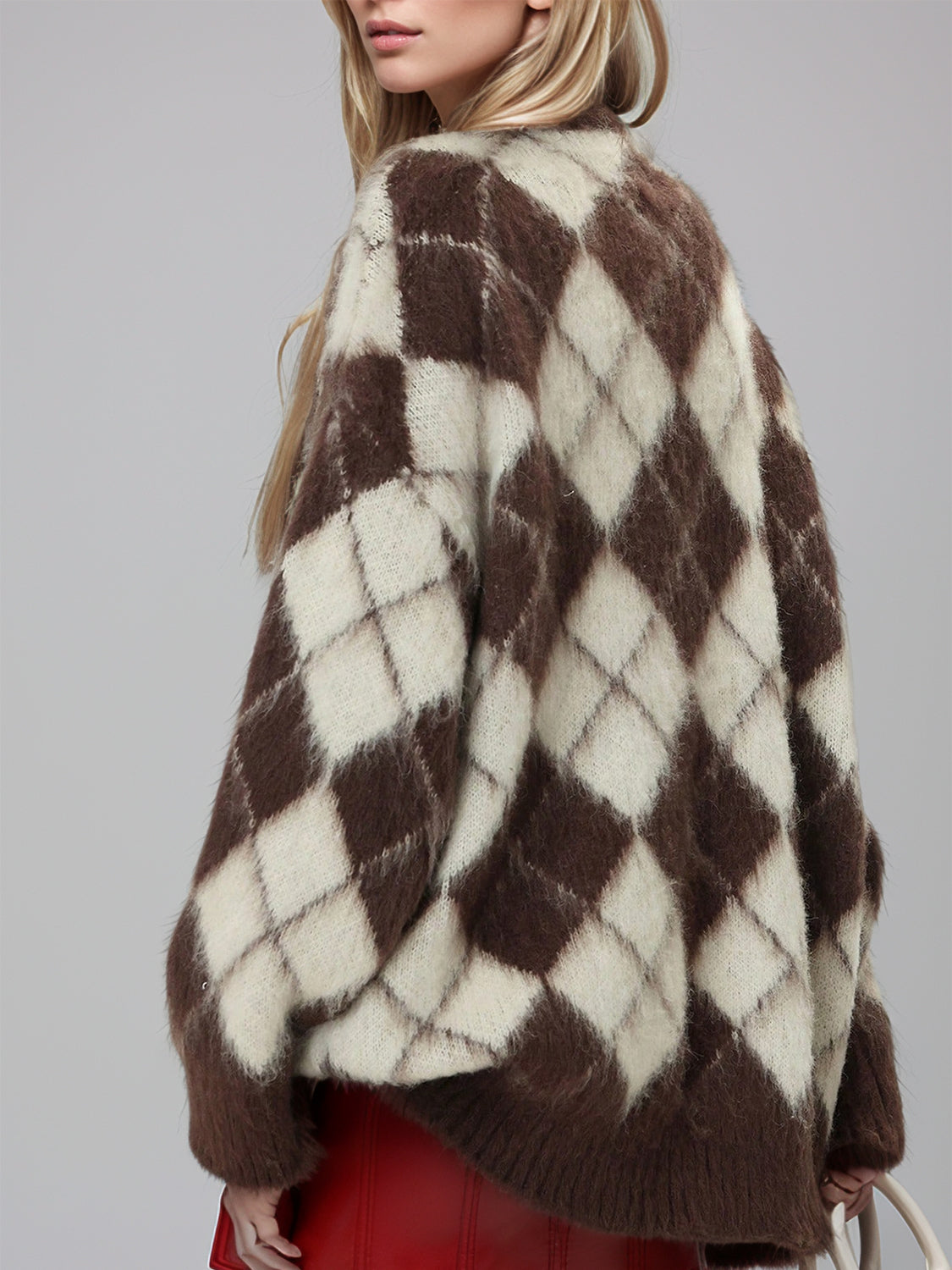 Karierte Strickjacke mit V-Ausschnitt und Knopfleiste Zweitbild