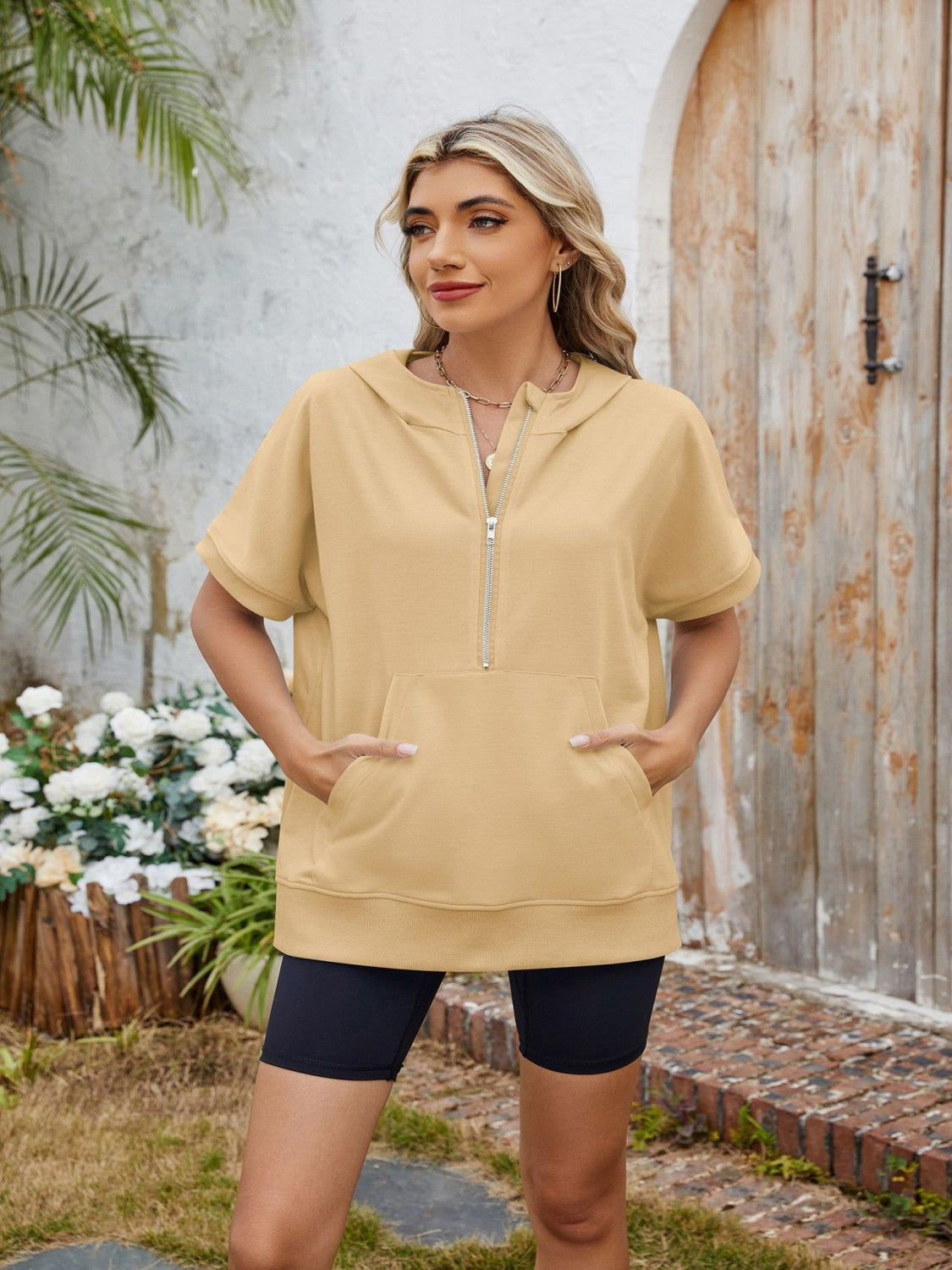 Half Zip Short Sleeve Hooded Top - felvior