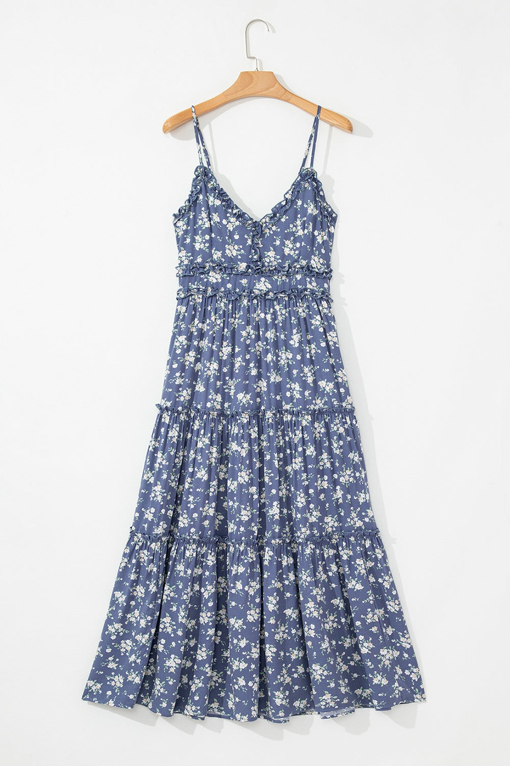 Floral Spaghetti Strap Frilled V Neck Tiered Midi Dress - felvior