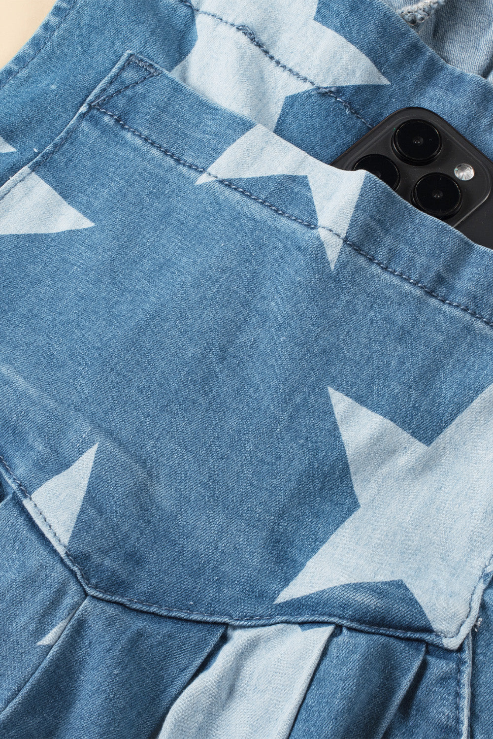 Star Print Buttoned Strap Wide Leg Denim Overalls - felvior