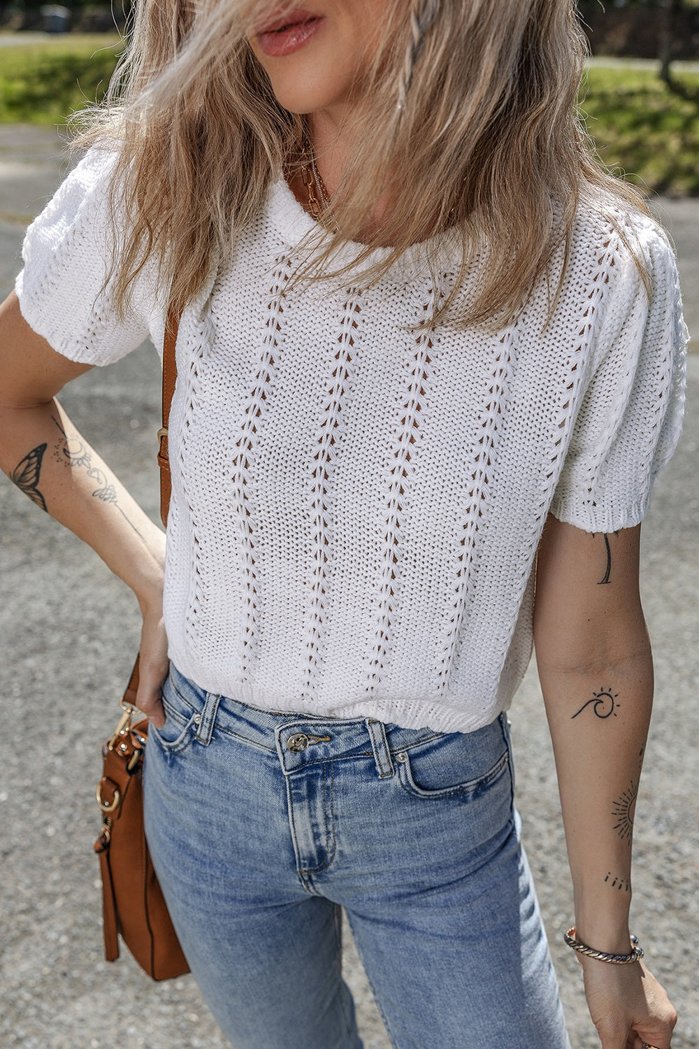 Openwork Round Neck Short Sleeve Knit Top - felvior