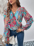 Printed Surplice Smocked Lantern Sleeve Blouse - felvior