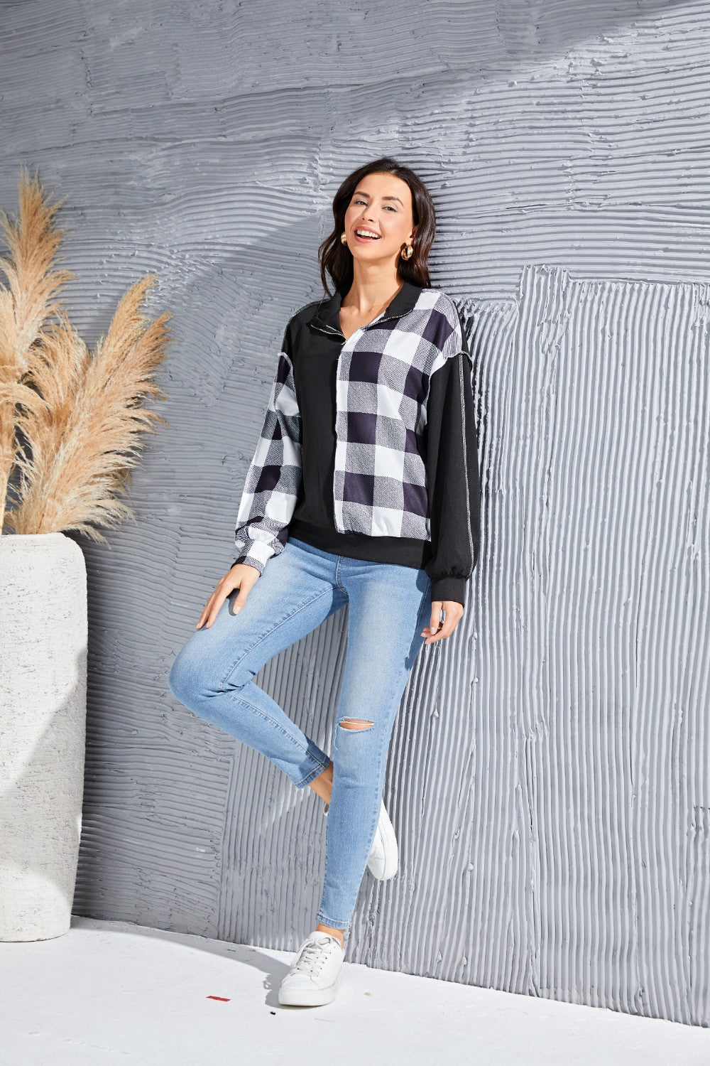 Plaid Exposed Seam Long Sleeve Blouse - felvior