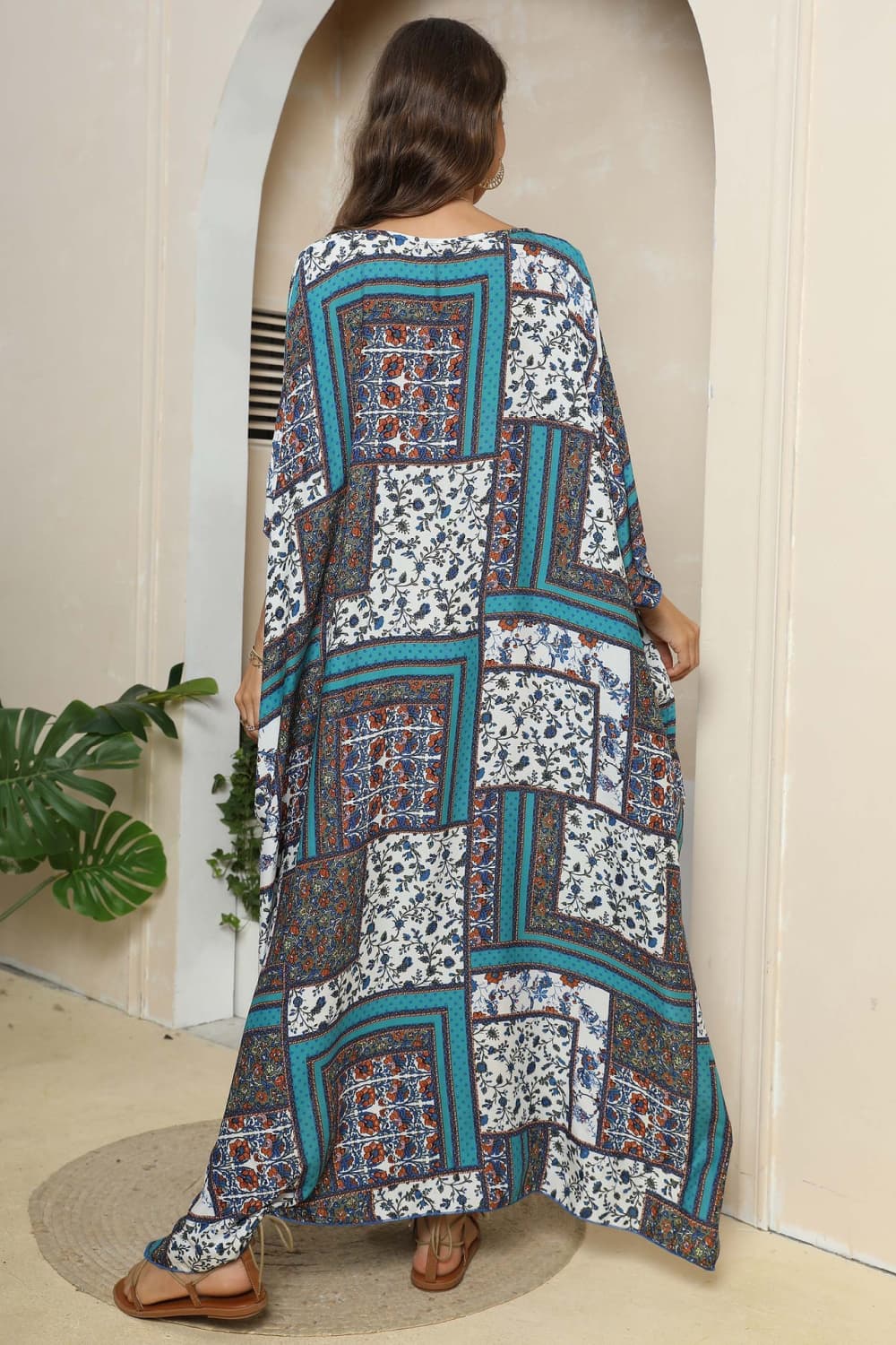 Printed V-Neck Split Maxi Dress - felvior