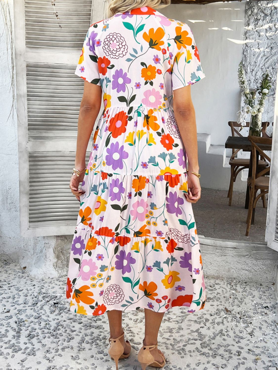 Devine Printed Johnny Collar Button Down Short Sleeve Midi Shirt Dress - felvior