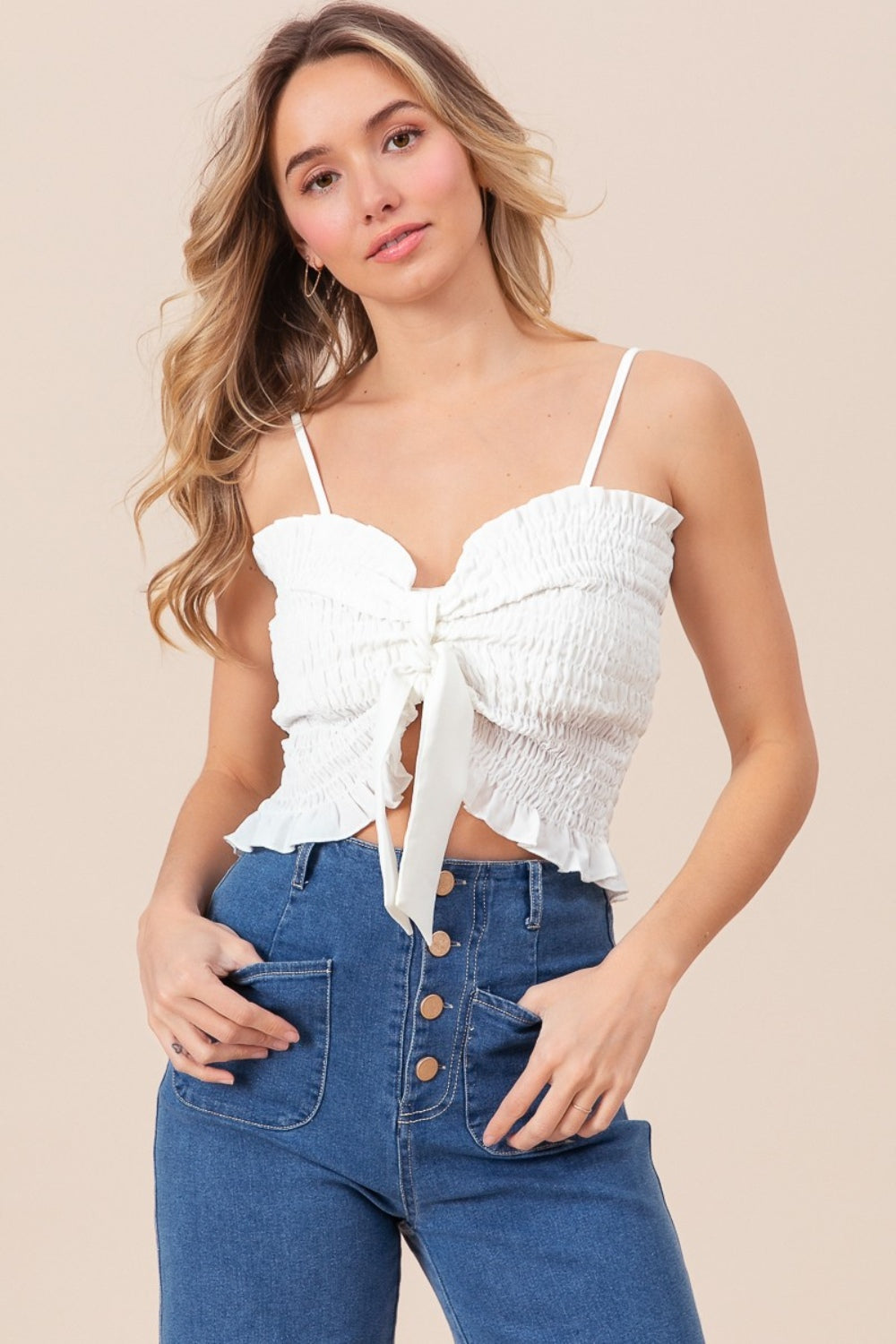 BiBi Ruffled Smocked Ribbon Detail Cami - felvior