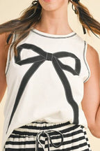 Contrast Bow Round Neck Sleeveless Top