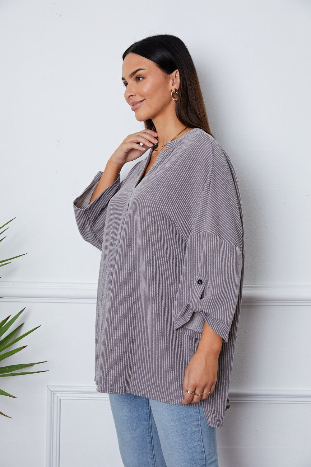 Notched Roll-Tab Sleeve Blouse - felvior