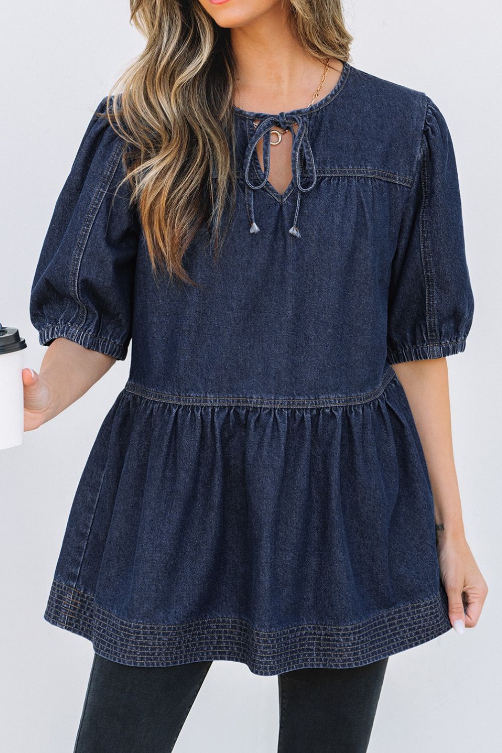 Tie Neck Babydoll Denim Top - felvior