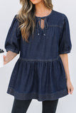 Tie Neck Babydoll Denim Top - felvior