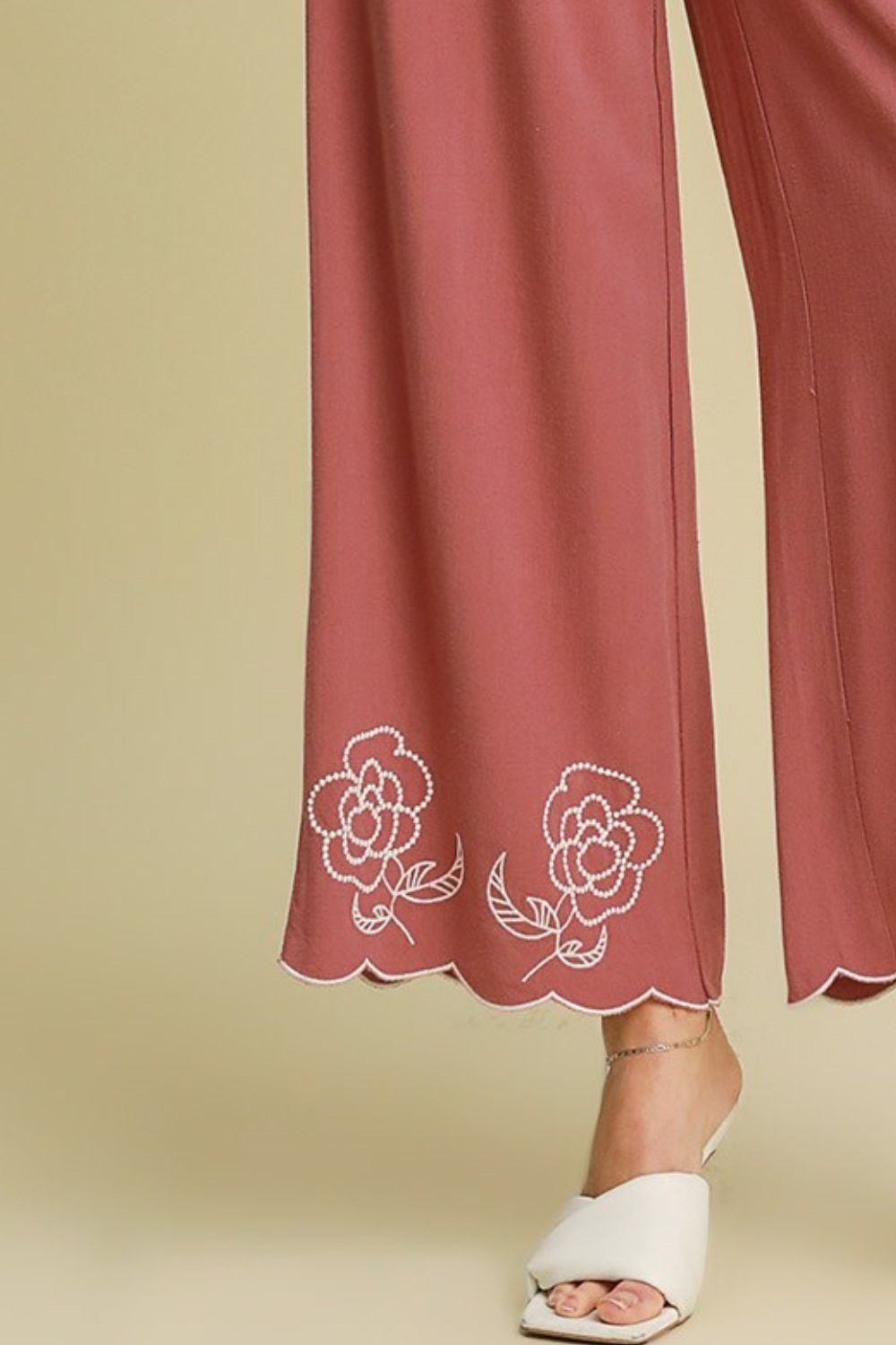 Umgee Full Size Linen Blend Wide Leg Pants with Scalloped Hemline Plus Size