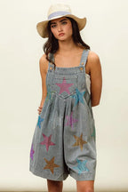 BiBi Star Rhinestone Washed Wide Leg Shortalls