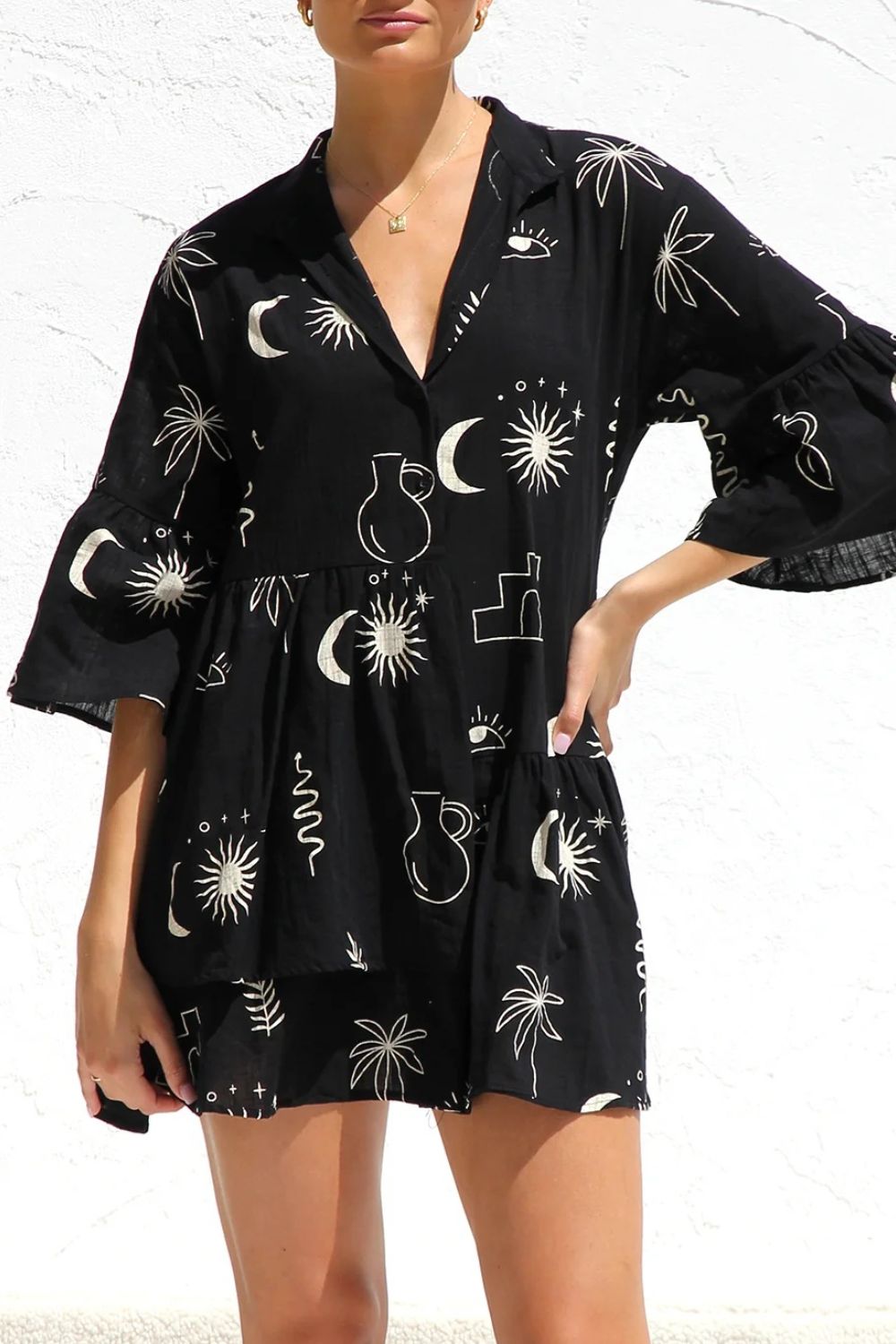 Ruched Printed Three-Quarter Sleeve Mini Dress - felvior