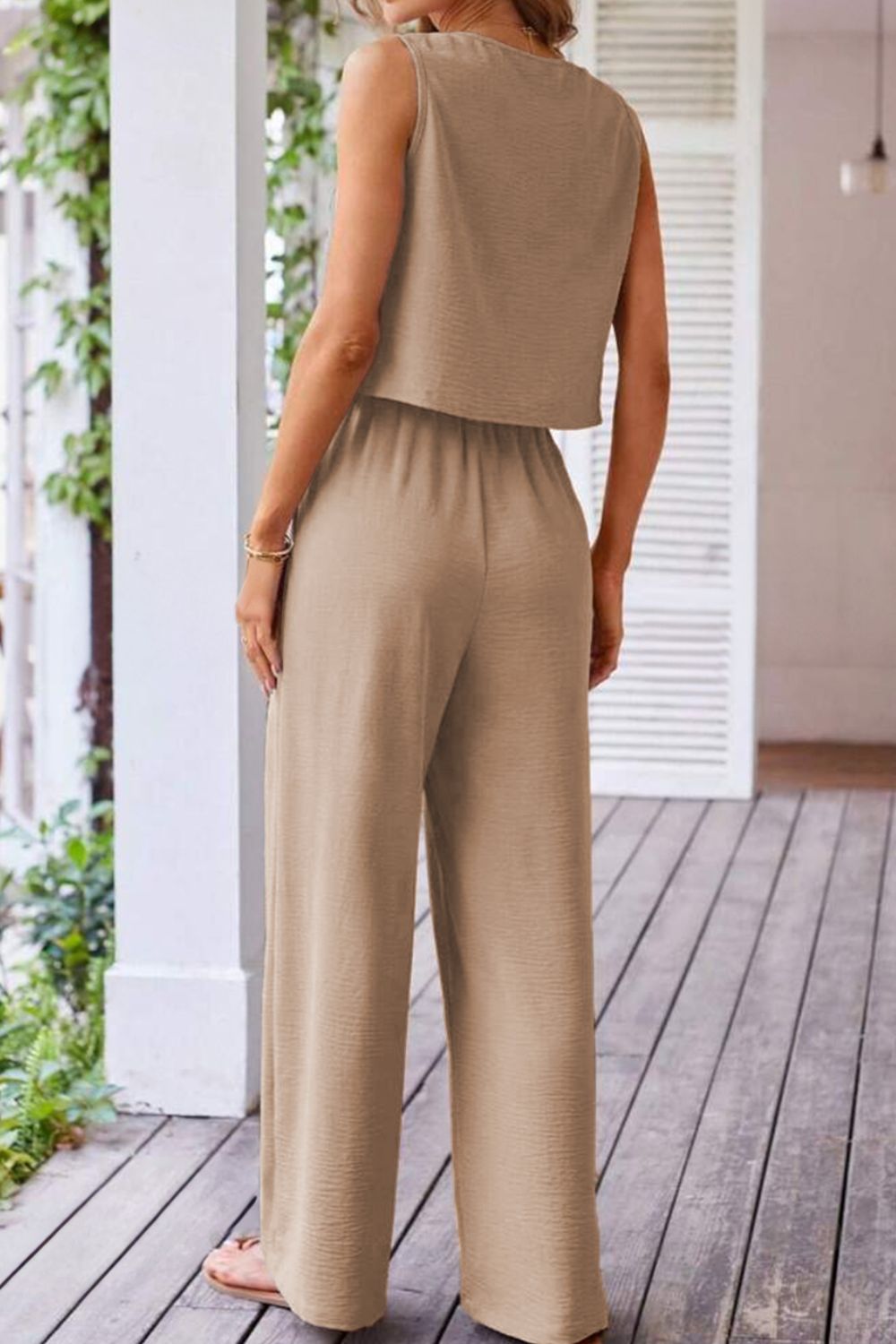Button Down Vest and Drawstring Wide Leg Pants Set