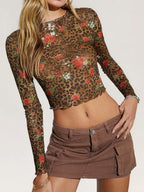 Leopard Floral Round Neck Long Sleeve Mesh T-Shirt