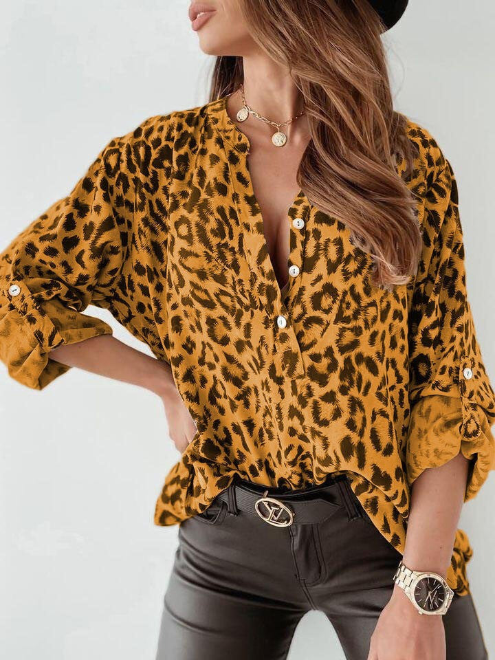 Leopard Button Detail Notched Long Sleeve Blouse - felvior