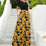 Printed Round Neck Short Sleeve Maxi Dress - felvior