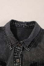 Short Sleeve Flap Pocket Button Up Raw Hem Denim Shirt