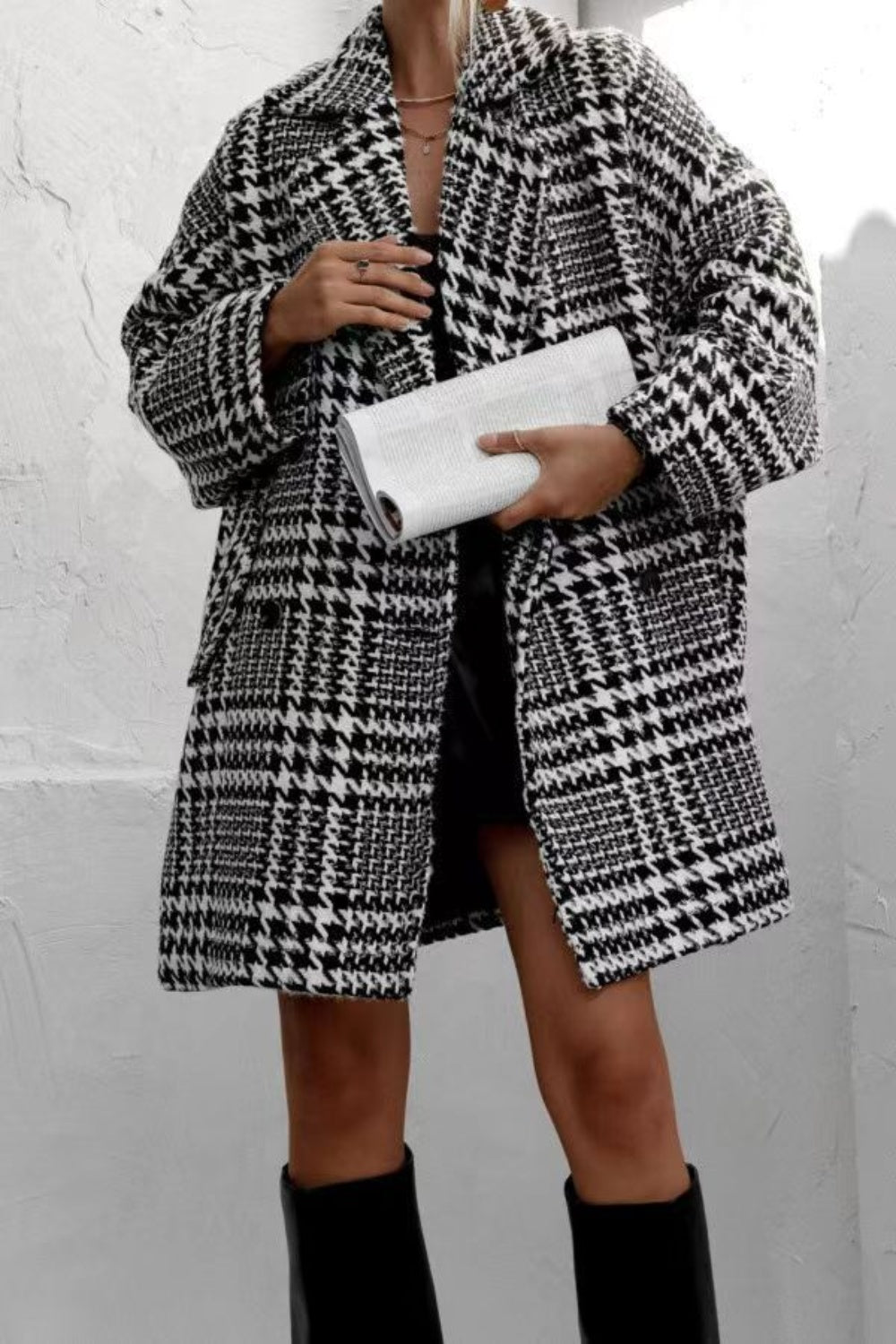 Houndstooth Collared Neck Long Sleeve Coat with Pockets - felvior