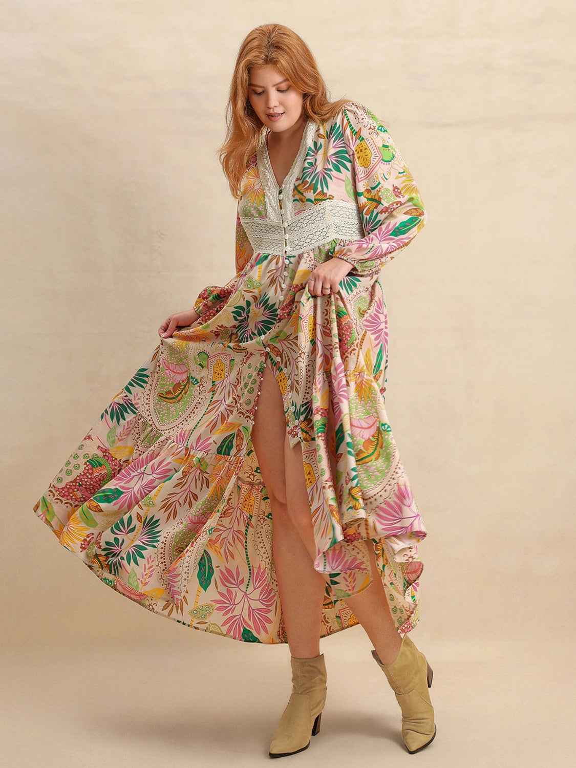 Plus Size Lace Detail Printed V-Neck Balloon Sleeve Dress - felvior