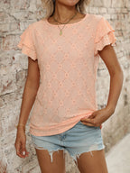 Eyelet Round Neck Double Layered Ruffled Short Sleeve Top