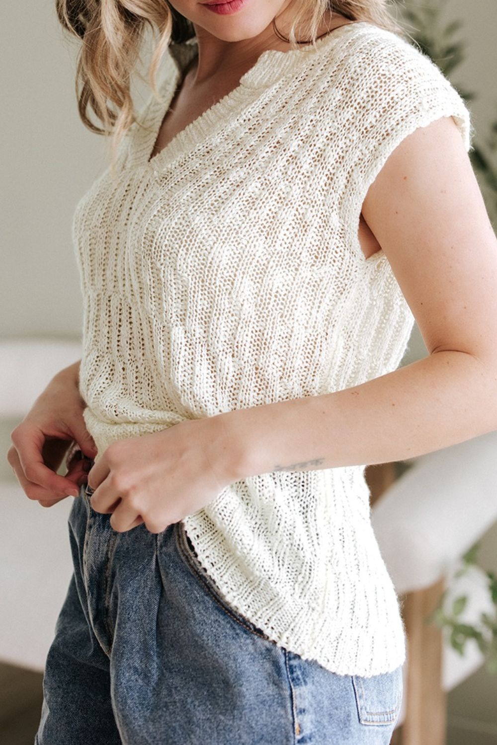Notched Cap Sleeve Knit Top