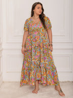 Plus Size Printed V-Neck Short Sleeve Maxi Dress