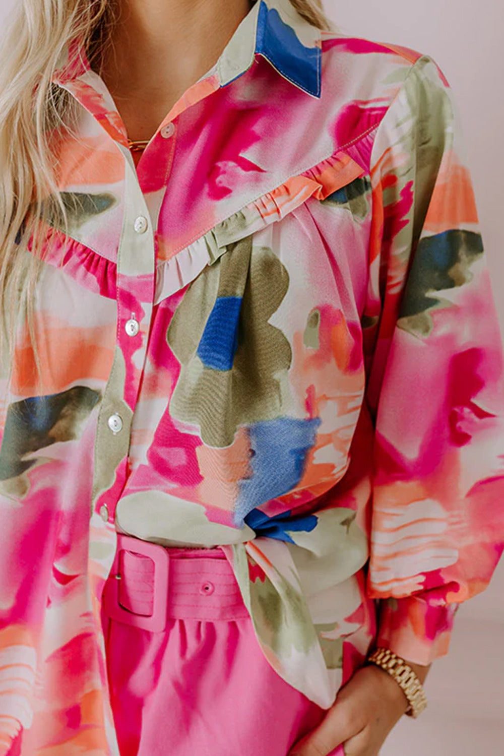 Abstract Print Collared Neck Long Sleeve Shirt - felvior