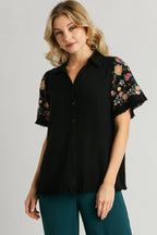 Umgee Full Size Linen Shirt with Embroidered Sleeves Plus Size
