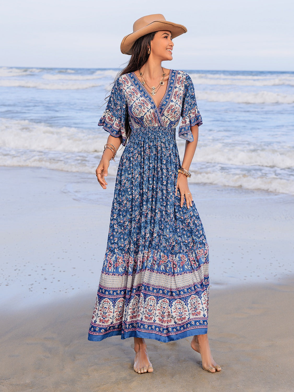 Ruched Printed Flounce Sleeve Midi Dress - felvior