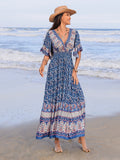 Ruched Printed Flounce Sleeve Midi Dress - felvior