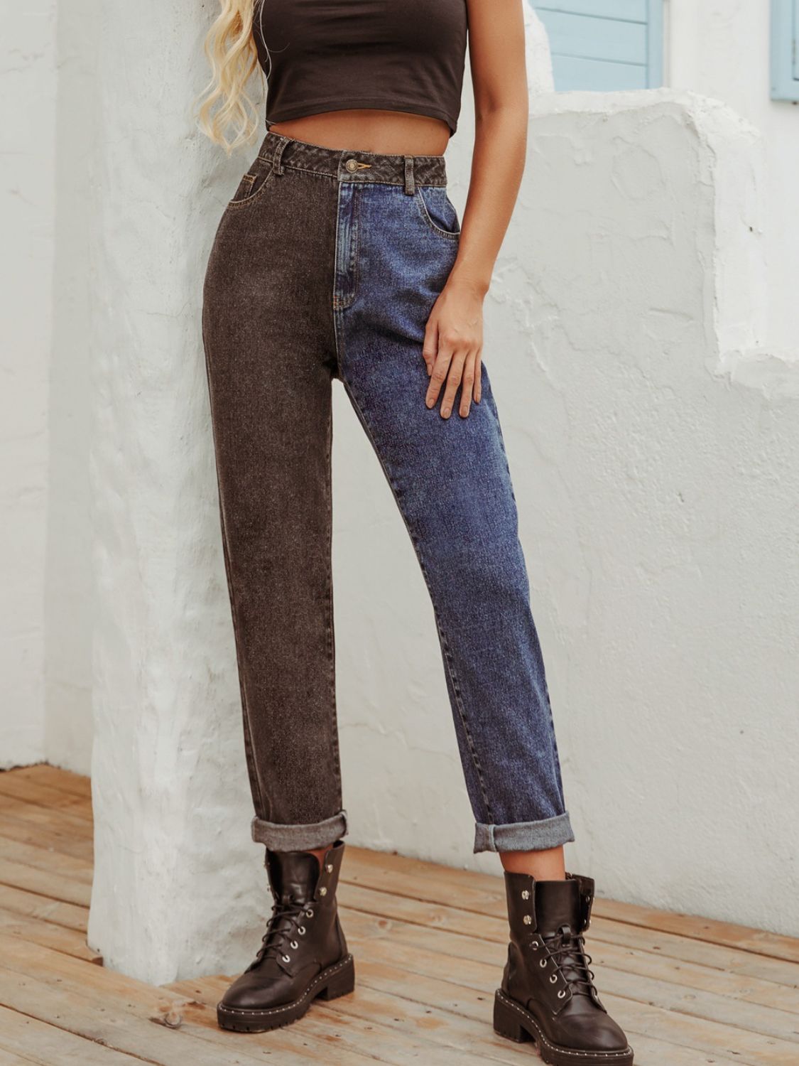 Two Tone Straight Leg Jeans - felvior