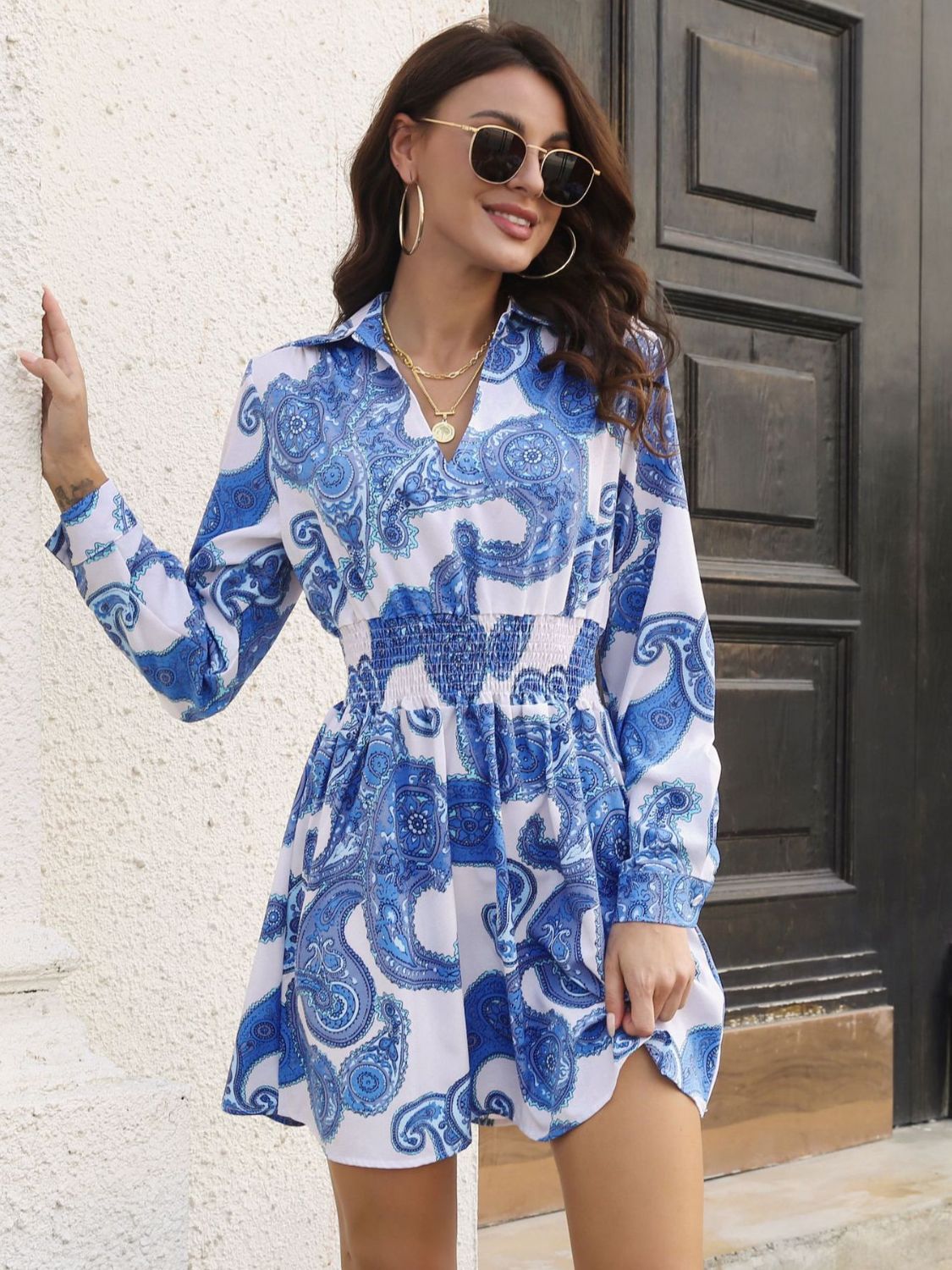 Paisley Print Johnny Collar Smocked Dress - felvior