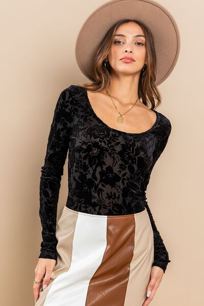 Ces Femme Velvet Floral Long Sleeve Bodysuit - felvior