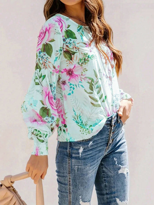 Smocked Printed Round Neck Lantern Sleeve Blouse - felvior