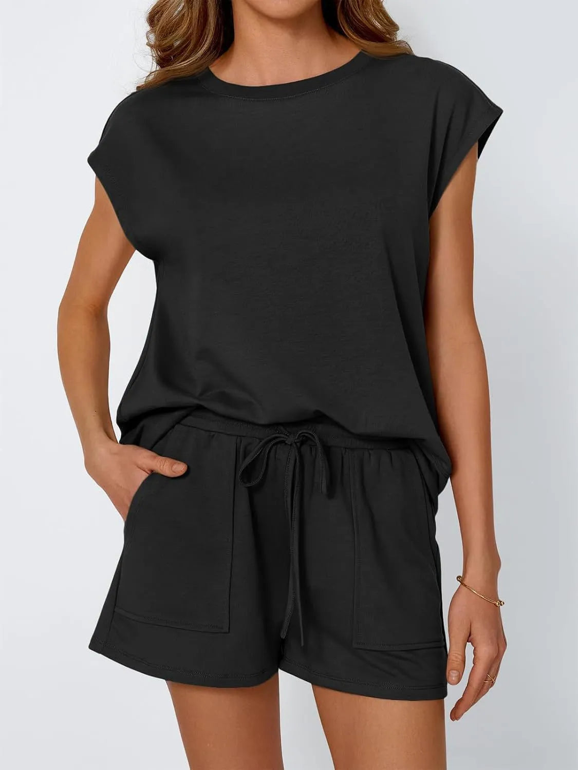 Round Neck Cap Sleeve Top and Shorts Set - felvior