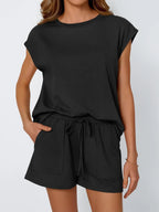 Round Neck Cap Sleeve Top and Shorts Set