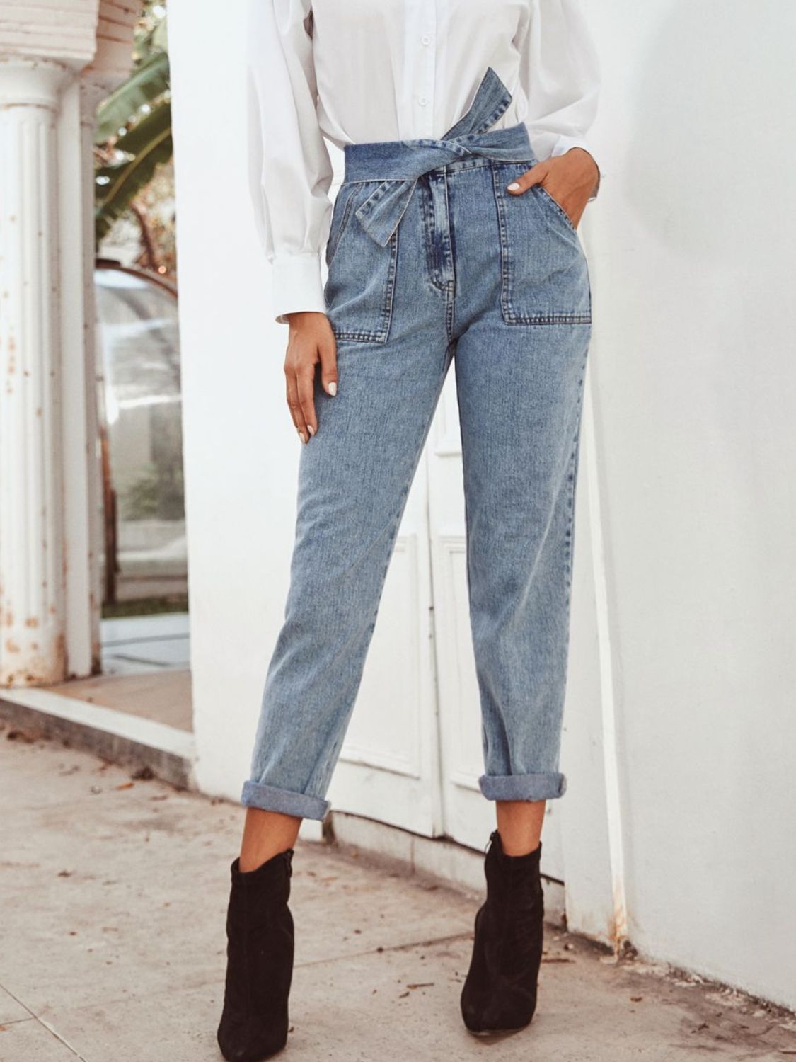 Tied Straight Leg Jeans with Pockets - felvior