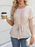 Tied Pleated Round Neck Short Sleeve Top - felvior