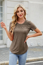 Smocked Round Neck Short Sleeve T-Shirt