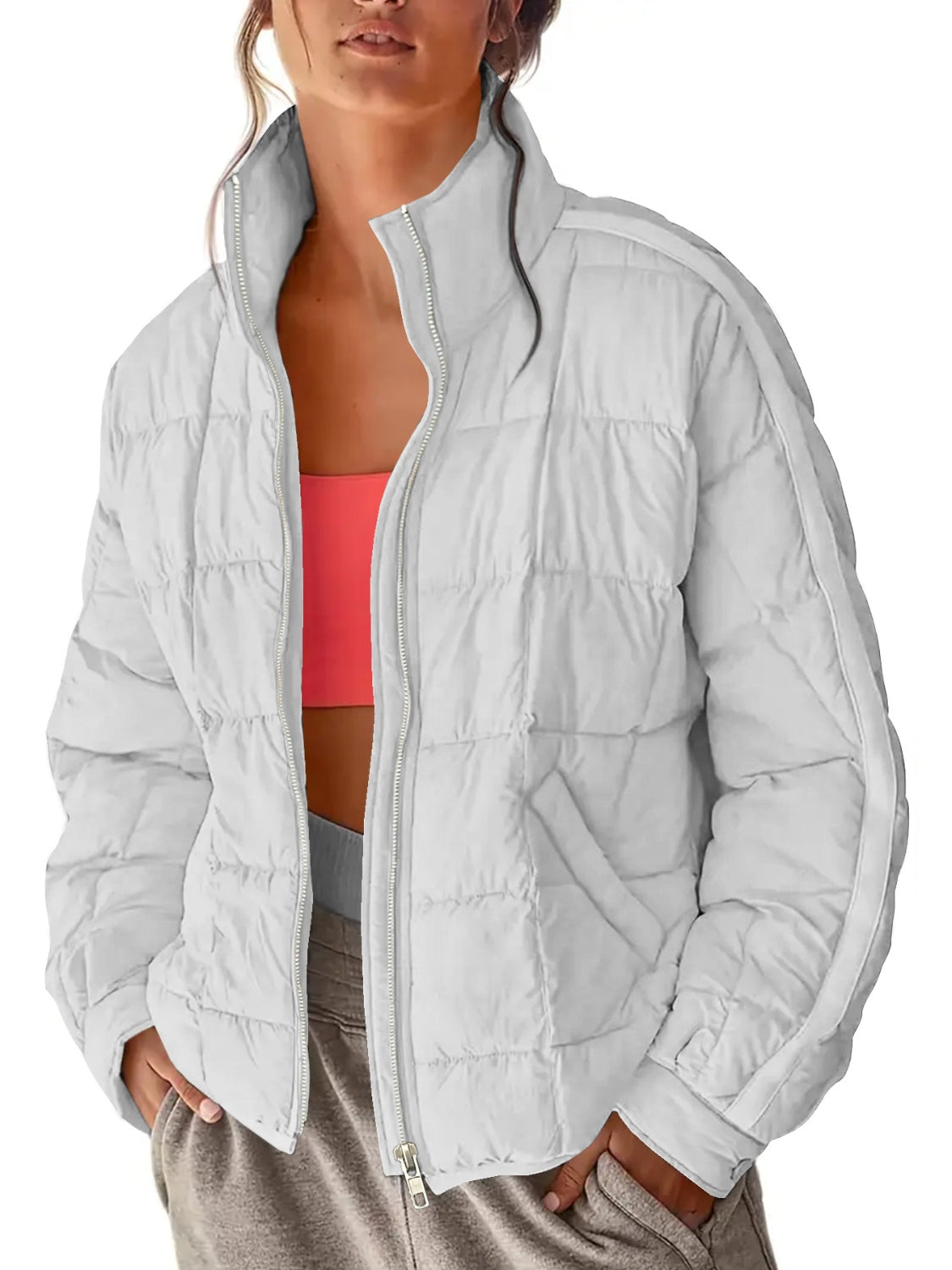 Pocketed Plaid Quilted Zip Up Winter Coat - felvior