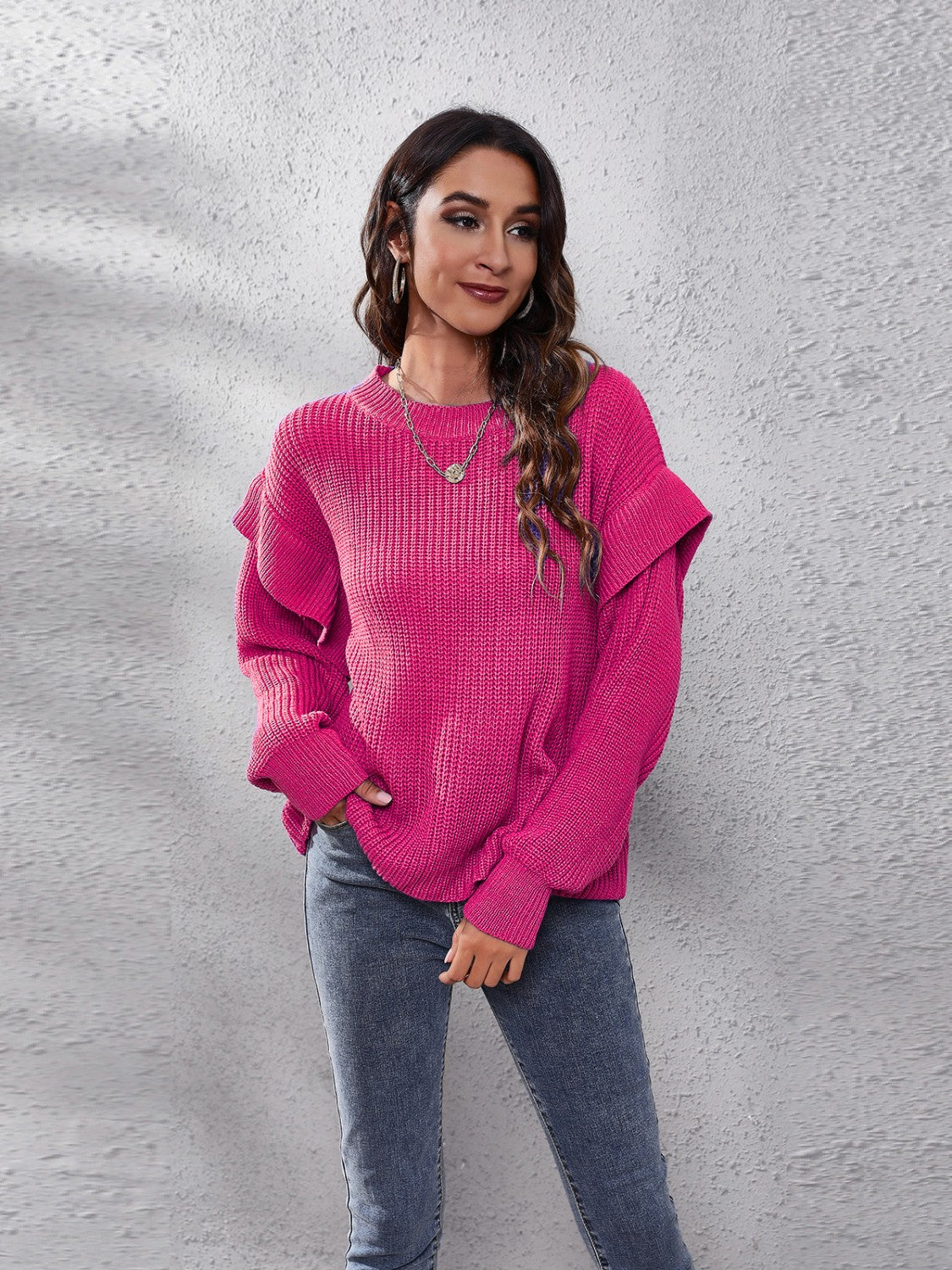 Ruffled Round Neck Dropped Shoulder Sweater - felvior